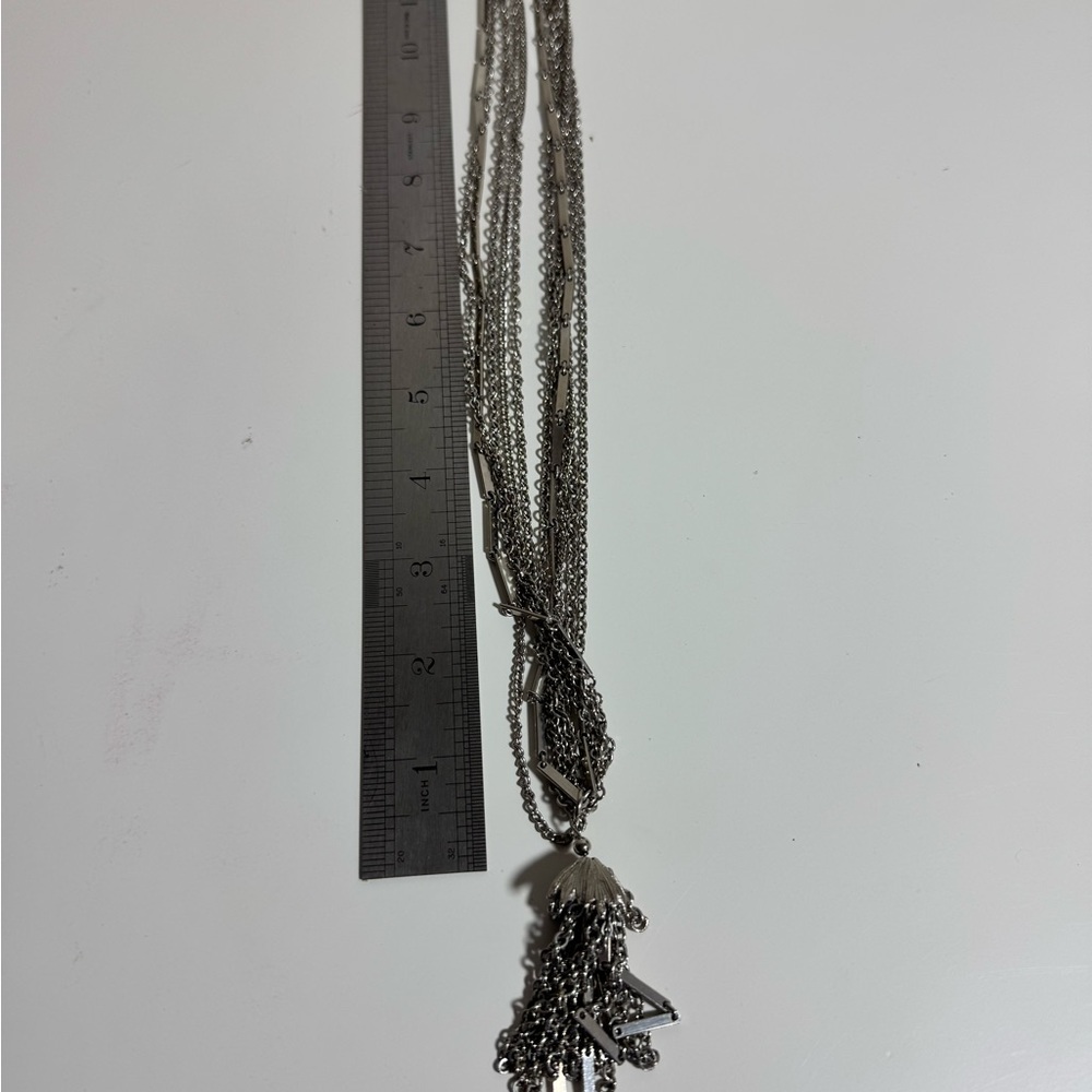 Vintage Multi Strand Chain Tassel‎ Necklace Silver Tone Bar Link Statement 24in